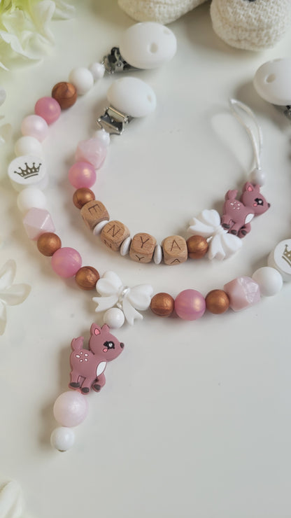 Kinderwagenkette & Schnullerkette mit Namen Mädchen Rehe Rosa Perlmutt Kupfer