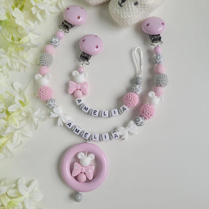 Kinderwagenkette & Schnullerkette mit Namen Mädchen Rosa grau Mickey
