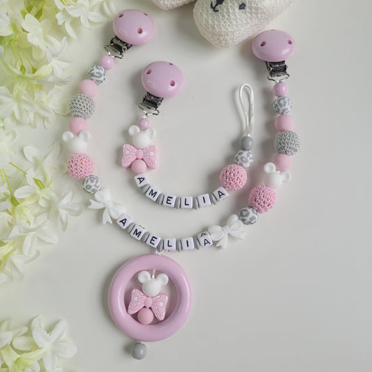 Kinderwagenkette & Schnullerkette mit Namen Mädchen Rosa grau Mickey