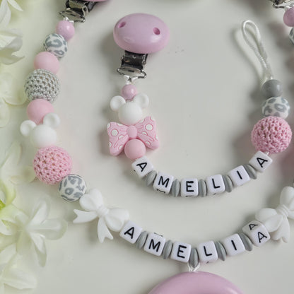 Kinderwagenkette & Schnullerkette mit Namen Mädchen Rosa grau Mickey
