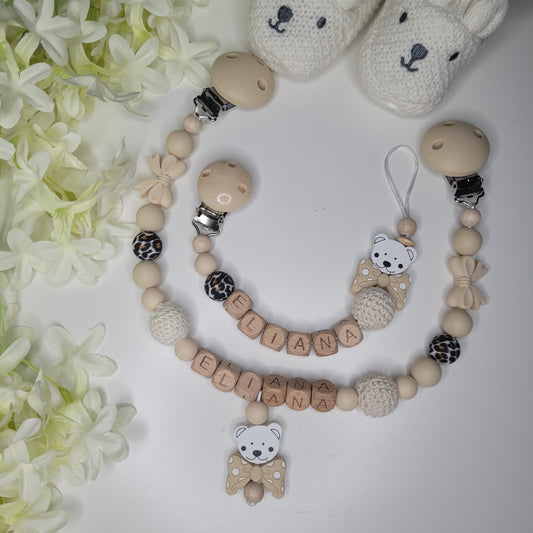 Kinderwagenkette & Schnullerkette mit Namen für Mädchen & Jungen Beige Teddy Leo