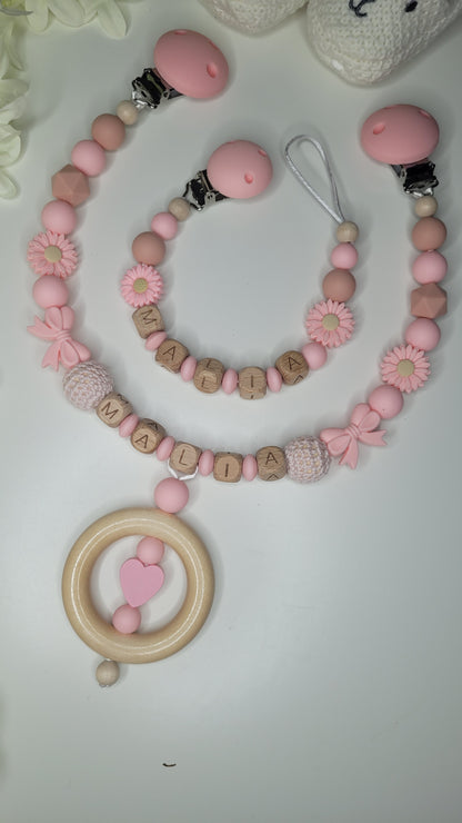 Kinderwagenkette & Schnullerkette mit Namen für Mädchen peach pink Blumen