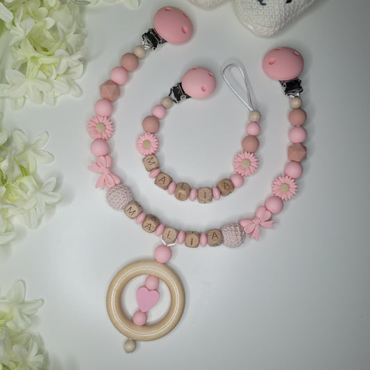 Kinderwagenkette & Schnullerkette mit Namen für Mädchen peach pink Blumen