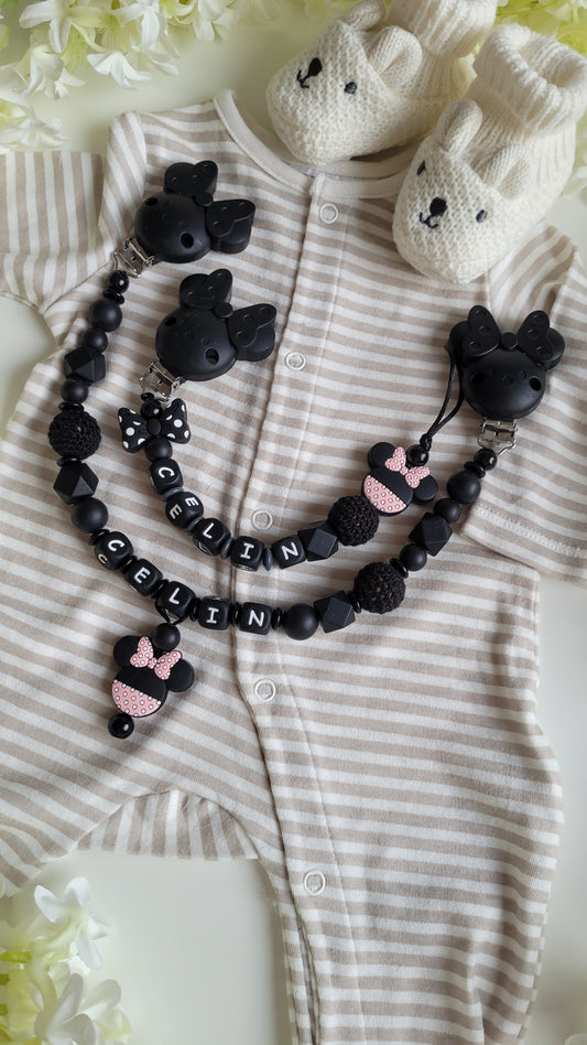 Kinderwagenkette & Schnullerkette mit Namen Minnie Rose Black