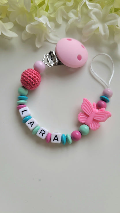 Kinderwagenkette mit Wunschnamen Butterfly türkis mint pink
