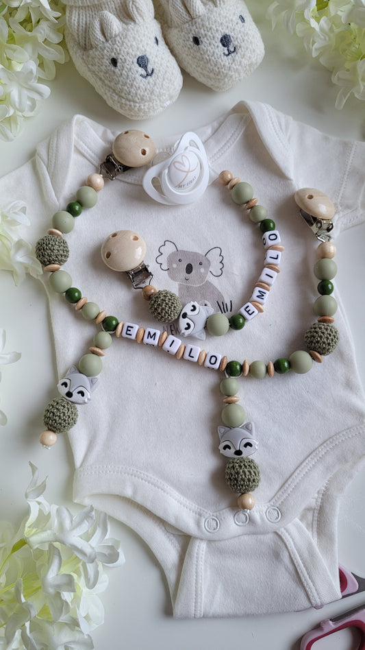 Kinderwagenkette & Schnullerkette Set Grün Fuchs