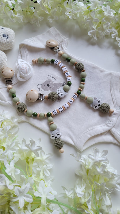 Kinderwagenkette & Schnullerkette Set Grün Fuchs