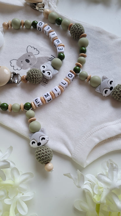 Kinderwagenkette & Schnullerkette Set Grün Fuchs