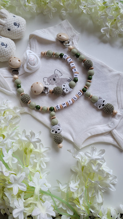 Kinderwagenkette & Schnullerkette Set Grün Fuchs