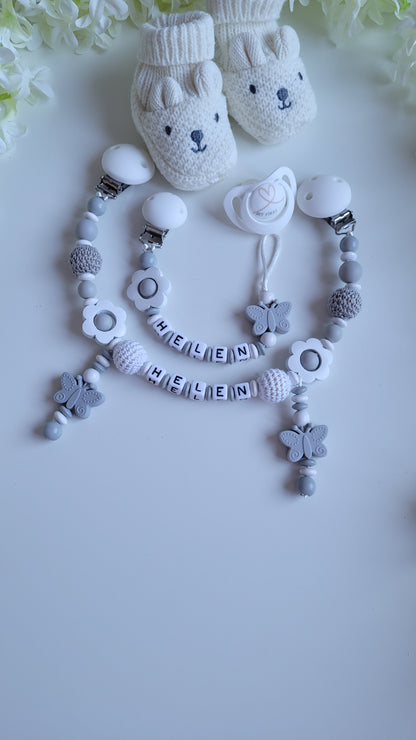 Kinderwagenkette & Schnullerkette Set für Mädchen Butterfly grau weiss