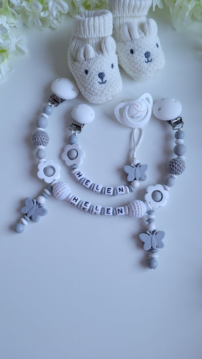 Kinderwagenkette & Schnullerkette Set für Mädchen Butterfly grau weiss
