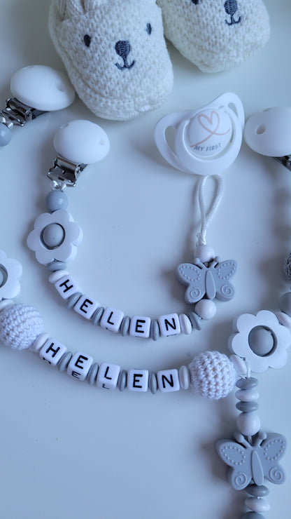 Kinderwagenkette & Schnullerkette Set für Mädchen Butterfly grau weiss