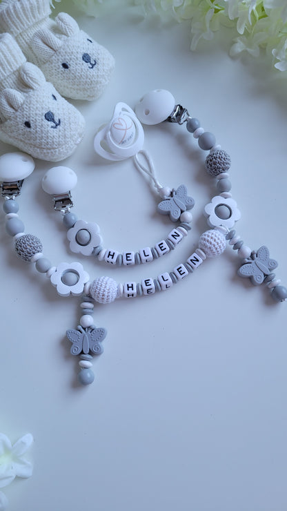 Kinderwagenkette & Schnullerkette Set für Mädchen Butterfly grau weiss