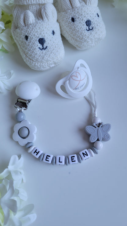 Kinderwagenkette & Schnullerkette Set für Mädchen Butterfly grau weiss