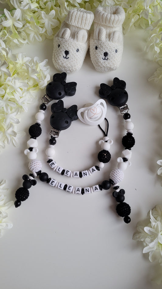Kinderwagenkette & Schnullerkette Set  Minnie Maus schwarz weiss