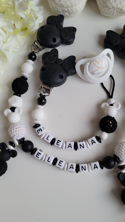 Kinderwagenkette & Schnullerkette Set  Minnie Maus schwarz weiss