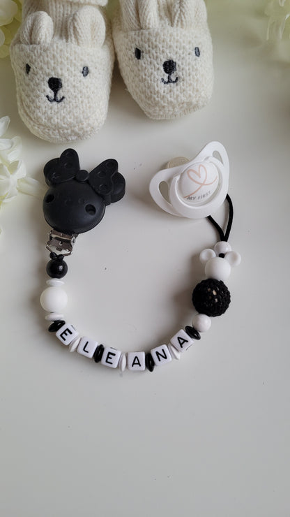 Kinderwagenkette & Schnullerkette Set  Minnie Maus schwarz weiss