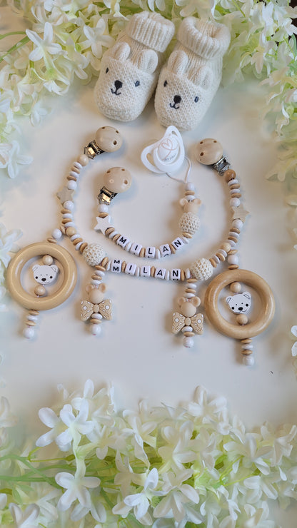 Kinderwagenkette & Schnullerkette Set Teddy Maus holz weiss