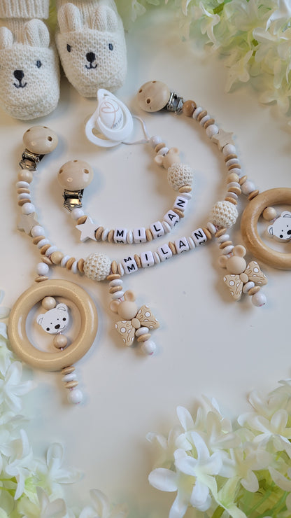 Kinderwagenkette & Schnullerkette Set Teddy Maus holz weiss