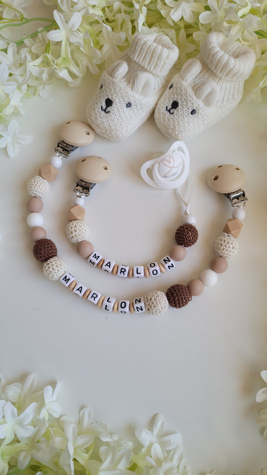 Kinderwagenkette & Schnullerkette mit Namen taupe braun beige
