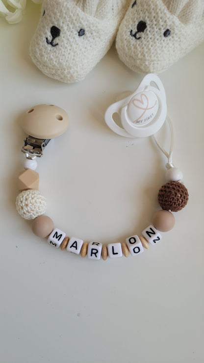 Kinderwagenkette & Schnullerkette mit Namen taupe braun beige