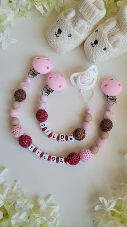 Kinderwagenkette & Schnullerkette mit Namen rosa braun