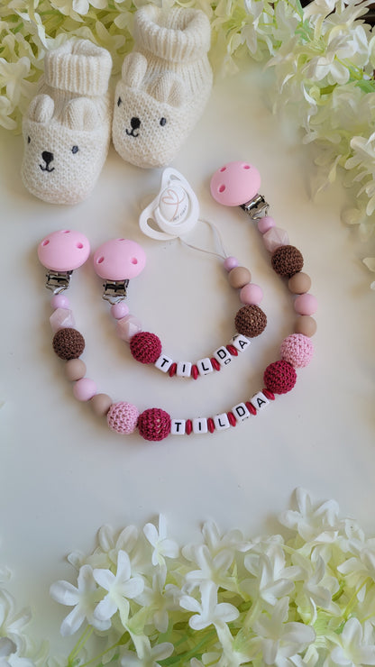 Kinderwagenkette & Schnullerkette mit Namen rosa braun