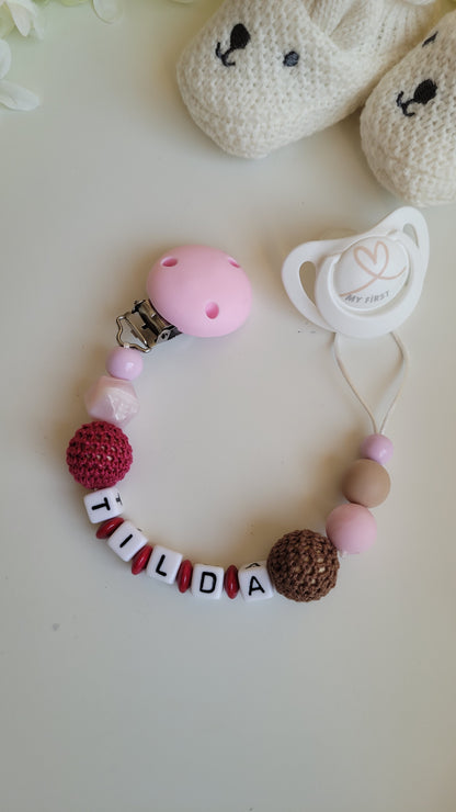 Kinderwagenkette & Schnullerkette mit Namen rosa braun