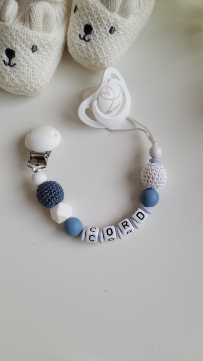Kinderwagenkette & Schnullerkette mit Namen weiß rauchblau