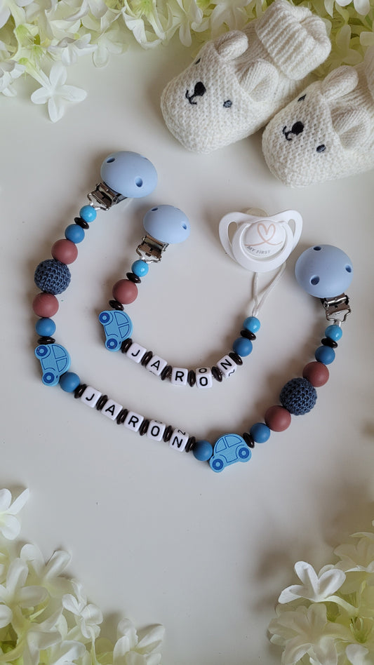 Kinderwagenkette & Schnullerkette mit Namen Auto blau braun