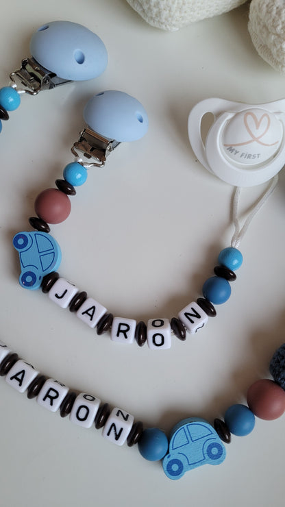 Kinderwagenkette & Schnullerkette mit Namen Auto blau braun