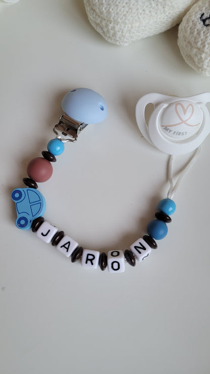 Kinderwagenkette & Schnullerkette mit Namen Auto blau braun