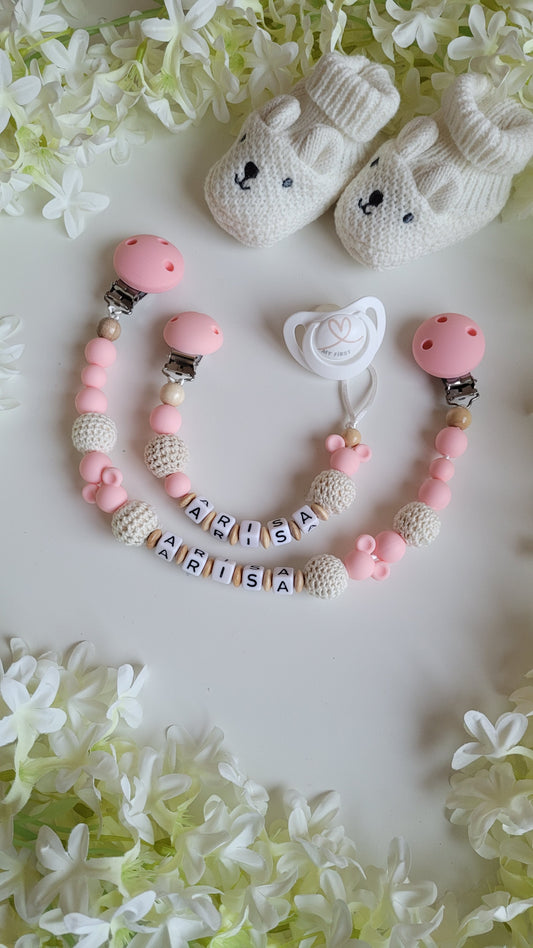 Kinderwagenkette & Schnullerkette mit Namen Mäuse beige apricot