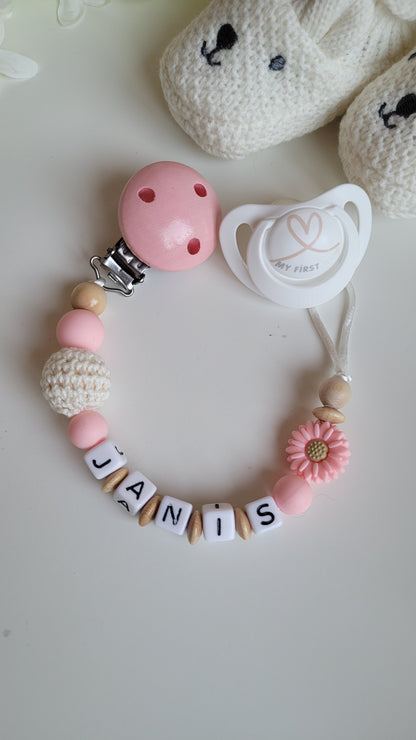 Kinderwagenkette & Schnullerkette mit Namen Blümchen beige apricot