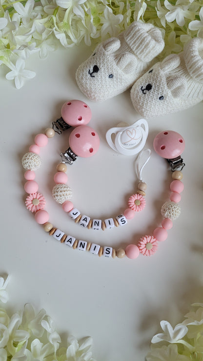 Kinderwagenkette & Schnullerkette mit Namen Blümchen beige apricot