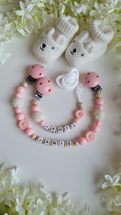 Kinderwagenkette & Schnullerkette mit Namen Blümchen beige apricot