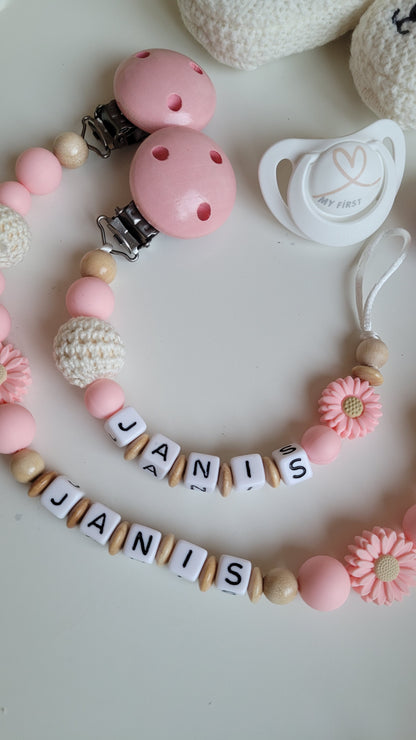 Kinderwagenkette & Schnullerkette mit Namen Blümchen beige apricot