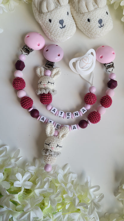 Kinderwagenkette & Schnullerkette mit Namen Häschen rosa marmor bordaux