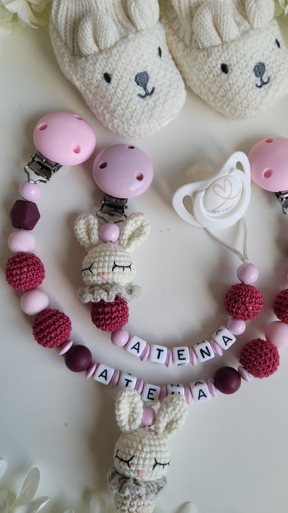 Kinderwagenkette & Schnullerkette mit Namen Häschen rosa marmor bordaux