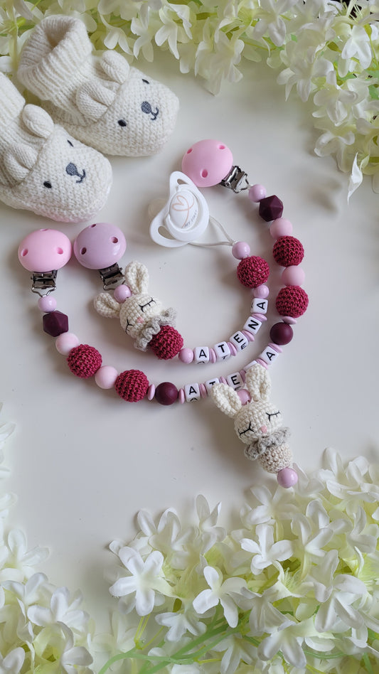 Kinderwagenkette & Schnullerkette mit Namen Häschen rosa marmor bordaux