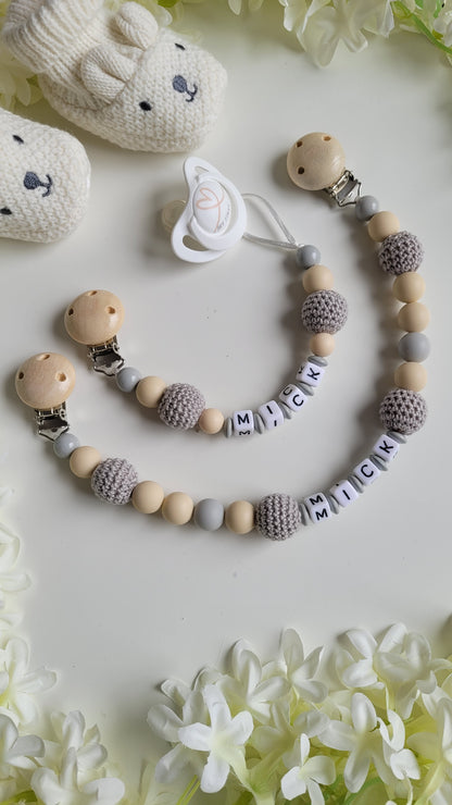 Kinderwagenkette & Schnullerkette mit Namen grau beige