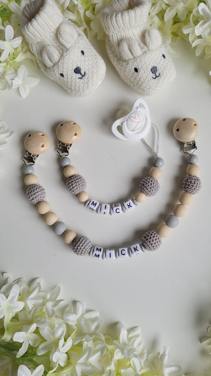 Kinderwagenkette & Schnullerkette mit Namen grau beige