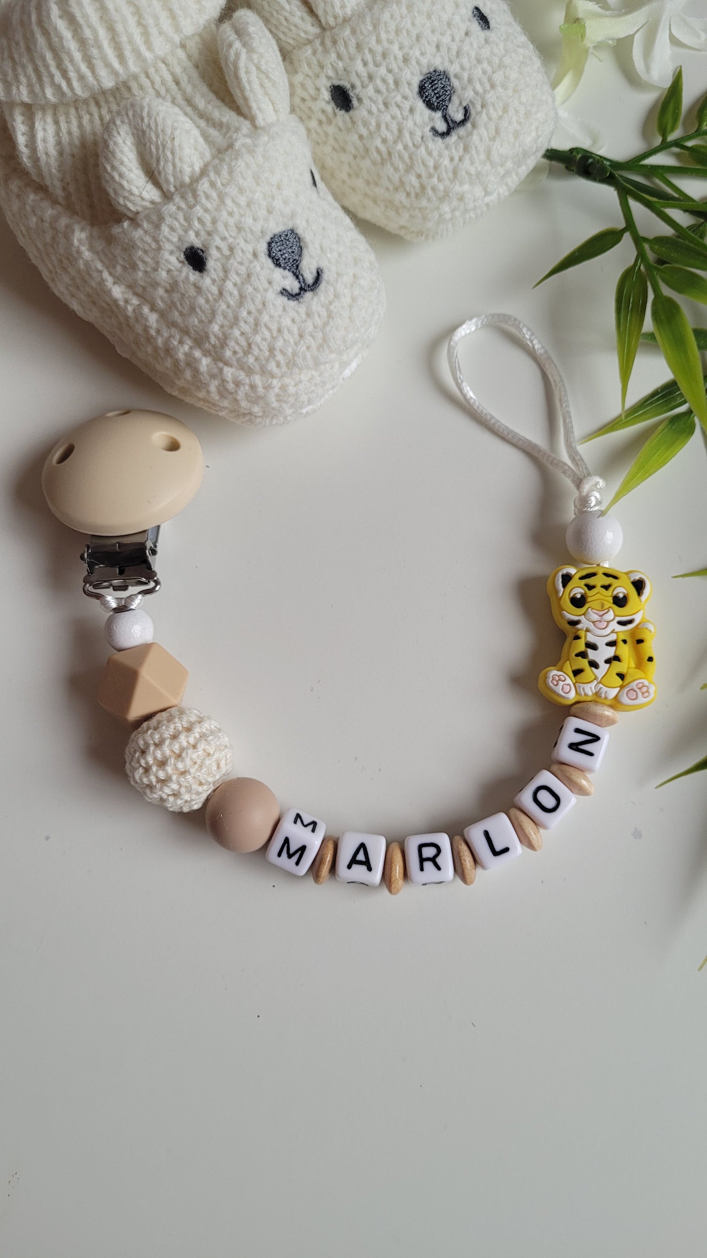 Kinderwagenkette & Schnullerkette mit Namen Tiger