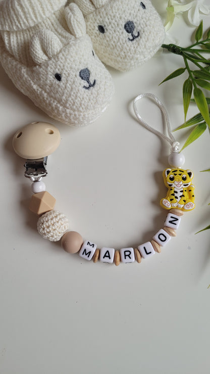 Kinderwagenkette & Schnullerkette mit Namen Tiger