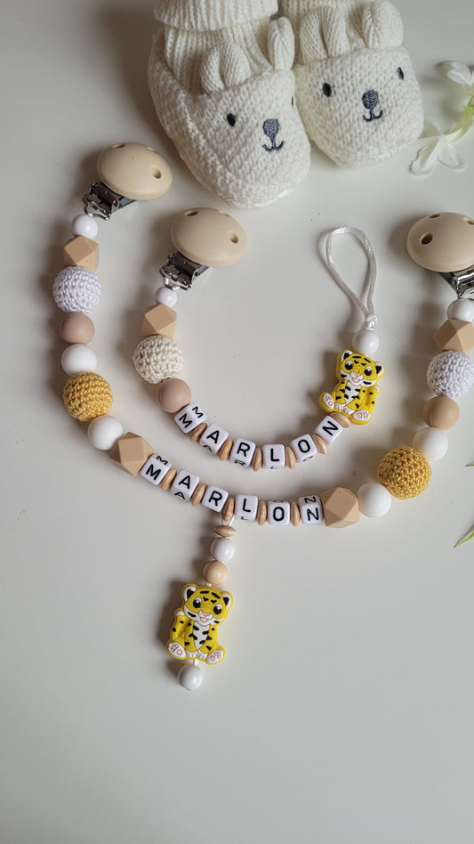 Kinderwagenkette & Schnullerkette mit Namen Tiger