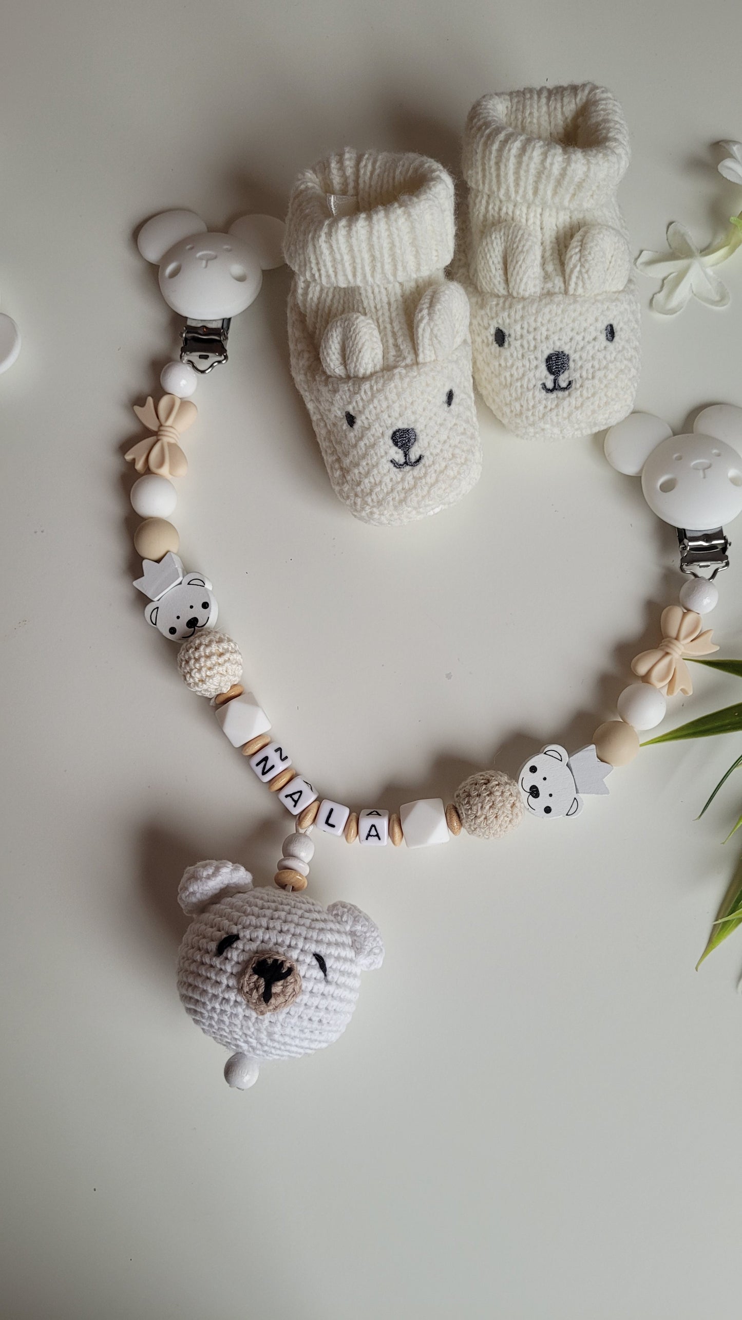 Kinderwagenkette & Schnullerkette mit Namen Teddybear