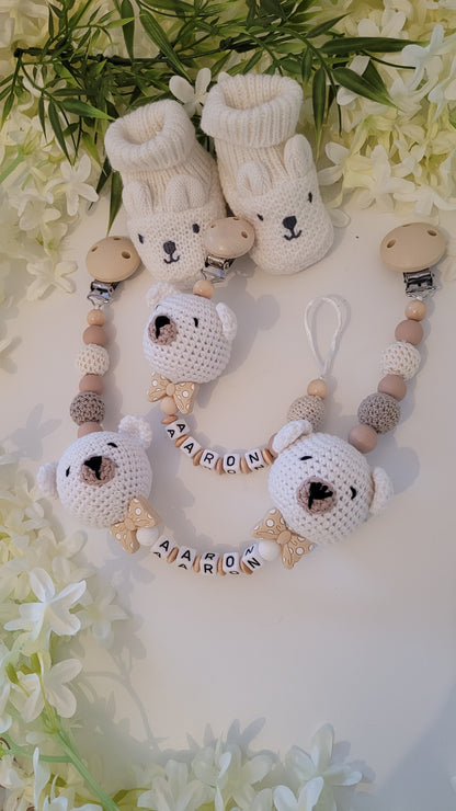 Kinderwagenkette & Schnullerkette Teddy weiss