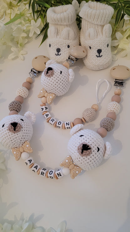 Kinderwagenkette & Schnullerkette Teddy weiss