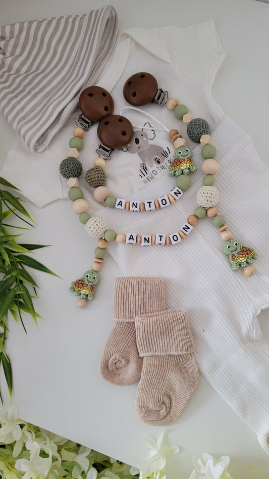 Kinderwagenkette & Schnullerkette mit Namen Schildkröte