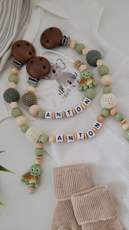 Kinderwagenkette & Schnullerkette mit Namen Schildkröte